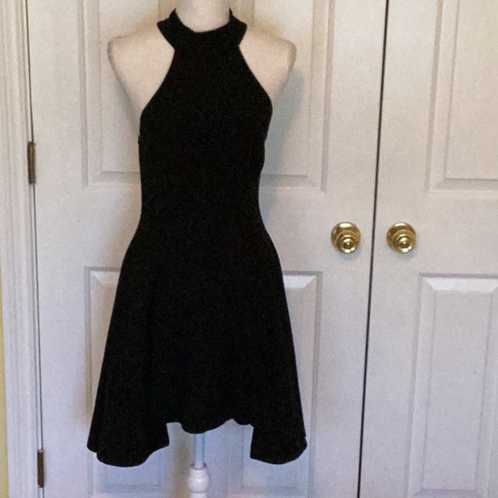 C/MEO Collective Asymmetrical Black Formal Dress w/ Halter Neckline
